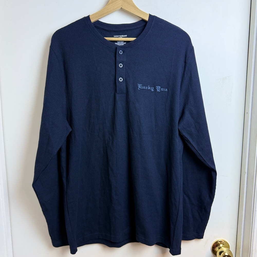 Lucky Brand Mens Cotton Henley Sleepwear L Navy Waffle Knit Long Sleeve Comfy